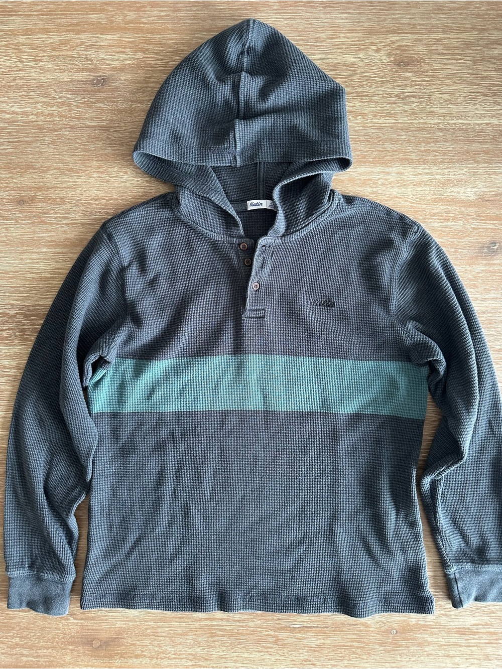 Katin Boys’ Hooded Waffle Henley Shirt - Slate Gray with Teal Stripe Size Large